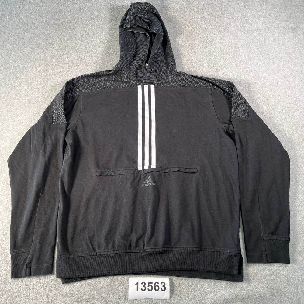 Adidas Hoodie Mens Medium Black Excellent 3-Stripe Pullover Sweatshirt